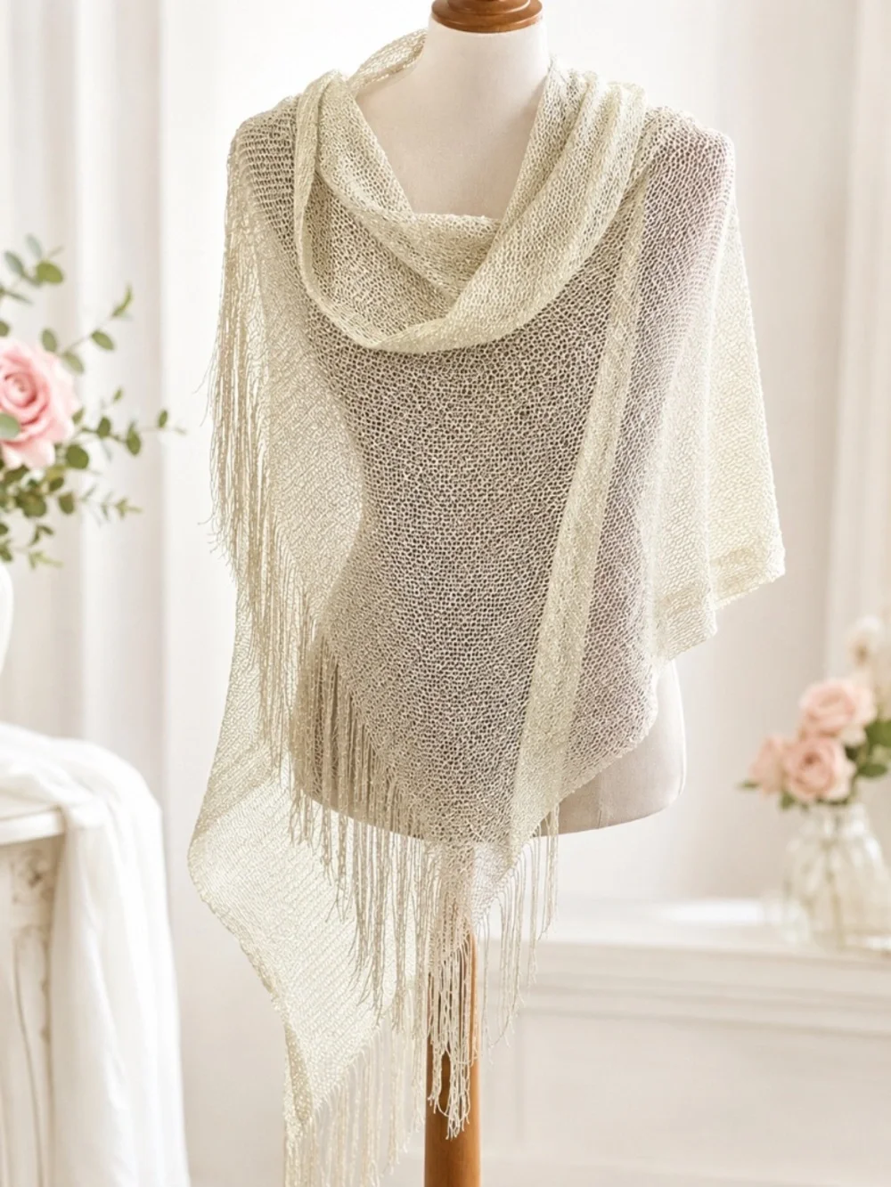 Glitter Metallic Champagne/Gold Shawl Wrap Open Weave Fringe Evening Scarf Glam
